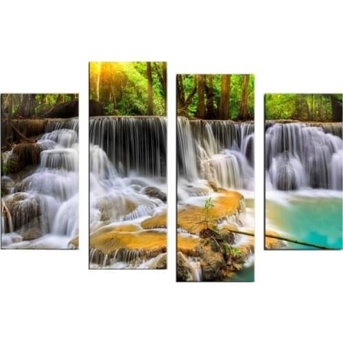 4 Panel Waterfall forest scene Canvas Painting Oil Painting Print beautiful Home Decor Art Wall Picture For Living Room Unframed