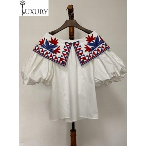 Spring 100%Cotton Blouse 2020 Casual Fashion Shirts Women Geometric Patterns Embroidery Puff Sleeve Black White Basic Tops Shirt
