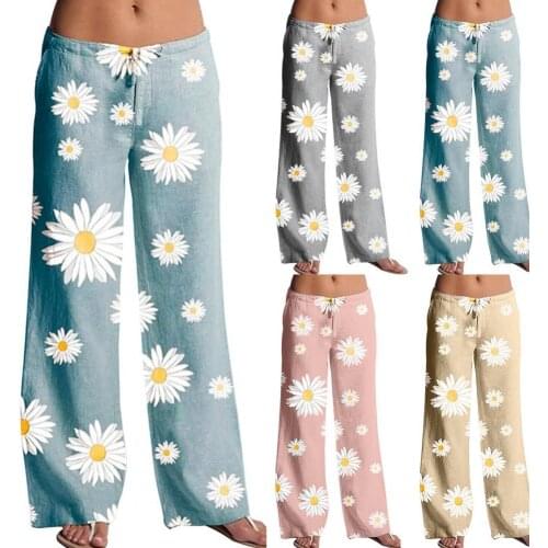 Summer Fashion Women Pants Marguerite Print Low Waist Wide Leg Loose Trousers Slacks for Daily Life Work Lady Fashion New Hot