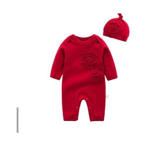 Infant Baby Girl Romper Big Flower Knitted Jumpsuit with Hat Spring and Autumn Long Sleeve Cotton Romper Solid Color