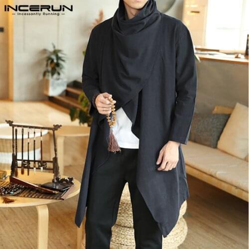 INCERUN Men Retro Jackets Coat Solid Scarf Collar Casual Irregular Trench Long Sleeve Cloak Cotton Stylish Mens Windbreaker 2021