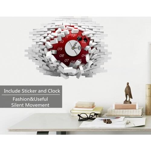 Broken Wall Novelty Silent Movement Wall Clock Fancy Wall Watch 3D Self Adhesive Sticker For Livingroom Bedroom Home Decor Decal