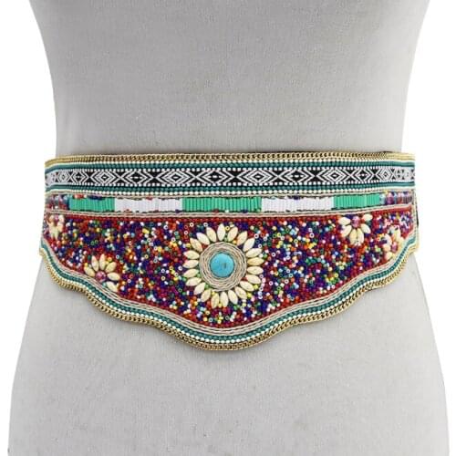 New Fashion Retro Waist Cover Bohemian Ethnic Style Inlaid With Pine Stone Carving Versatile For Ethnic Turquoise