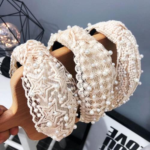 Fashion Girls Pearl Hairband White Black Lace Headband Women Artificial Pearls Hair Hoop Middle Knotted Hair Accessories Female