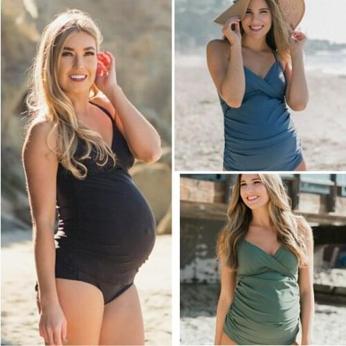 OKLADY Beach Women Swimsuit One Piece Solid Bikini Swimwear Maternity Sexy Pregnany Swimsuit Plus Size Family Swimming Suit Mama