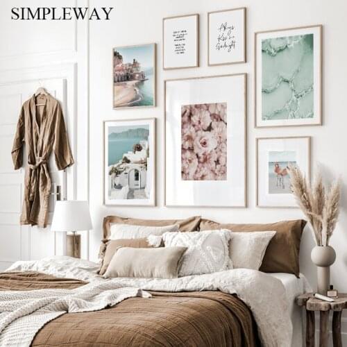 Aegean Architecture Beach Landscape Canvas Wall Print Painting Flower Flamingo Art Poster Beach Picture Modern Living Room Decor