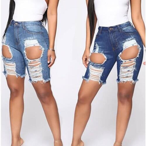 Sexy Ripped Denim Short Pants Women Holes Skinny Jean Femme Low Waist Boyfriend Jean Pants Knee Length Bodycon Jeans Slim Shorts