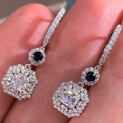 10K White Gold Women Drop Clip Hoop Earrings U Black Moissanite Diamonds 0.5 1 2 3 Ct Square Princess Wedding Party Anniversary