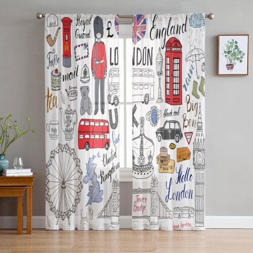 Cartoon London Cultural Graffiti Tulle Sheer Window Curtains for Living Room Kitchen Children Bedroom Voile Hanging Curtain