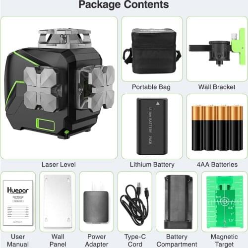 Huepar 8 Lines Cross Laser Level Green Beam Self-leveling Manual Level Tools with Metal Cover & USB Charger / Dry Li-ion Battery