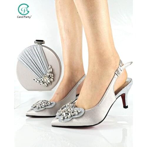 African Hot Selling Italian Design Butterfly-Kond Style Colorful Crystal Decoration Silver Color Party Women Shoes and Bag Set