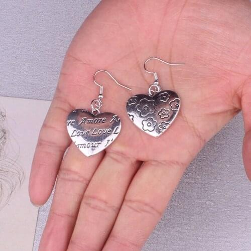2.7*4.7cm Vintage Flower Earrings For Women 2020 Rock Letter Heart Earings Antique Silver Color Alloy Nickel Free di217