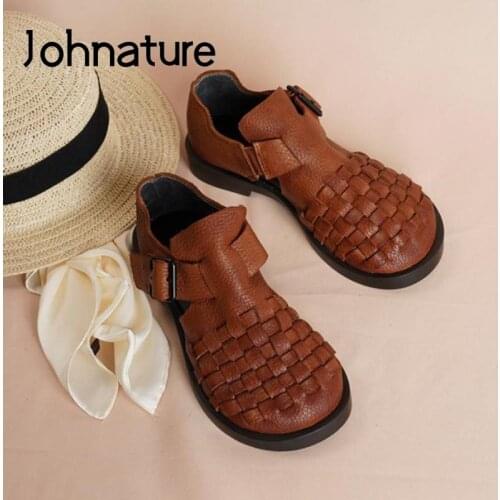 Johnature Flat Sandals Women Shoes Genuine Leather 2021 New Summer Buckle Strap Retro Handmade Concise Leisure Ladies Sandals