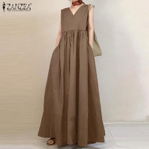 Womens Summer Sundress ZANZEA 2021 Fashion Solid Ruffle Dress Casual V Neck Maxi Vestidos Female Sleeveless Robe
