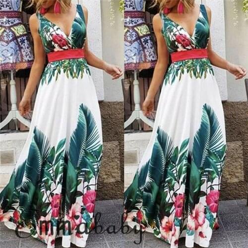 Womens Summer Casual and Loose V-Neck Green leaves Long Maxi Evening Party Beach Long Sleeveless Tank Dresses