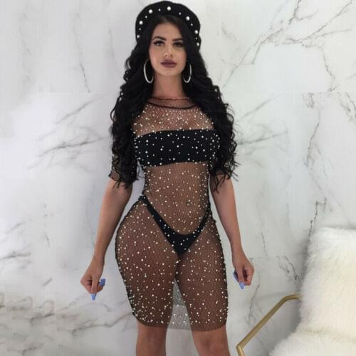 Womens Summer Sexy Lace Hollow Out Fishnet Dress Ladies See-through Bikini Cover Up Beach Wear Suit Short Sleeve Beachdress