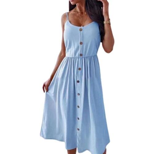 Vintage Women Sling Midi Dress 2020 V Neck Single Breasted High Waist Sliting Vestido Casual Vacation Pit Bar Slip Under Robe
