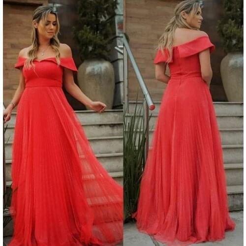 Retro Long Red Off Shoulder Prom Dresses Floor Length Corset Back Chiffon Pleated Abendkleider Robes de Soirée for Women