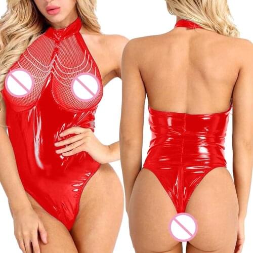Women Sexy Bodysuit Charming Red Patent Leather Sexy Lingerie Porno Zipper Jumpsuit Plus Size Mesh See-through Bra Hollow Erotic