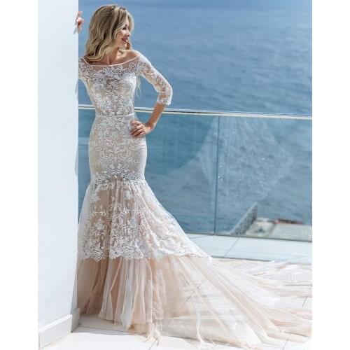Vestido De Novia Three Quarter Sleeve Mermaid Wedding Dresses Luxury Suknia Slubna Appliques Tulle Robe De Mariage Bridal Dress