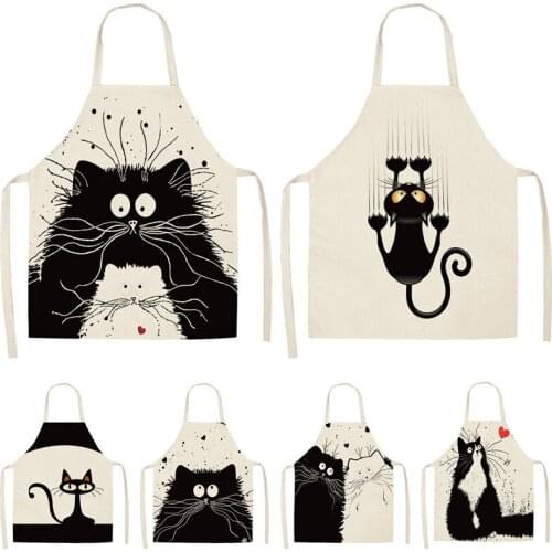 1Pcs Kitchen Cooking Apron Cute Cat Printed Home Sleeveless Cotton Linen Aprons for Men Women Baking Accessories 53*65cm WQ0029