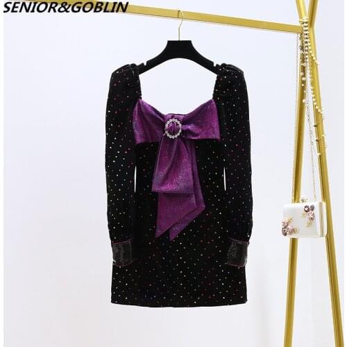 Brand 2020 Autumn Runway Dresses Womens Luxury Velvet Dress Black Office Lady Puff Long Sleeve Sequined Backless Mini Dress