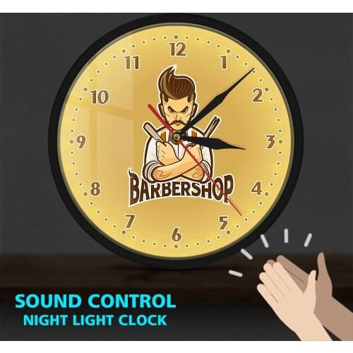 Cartoon Barber Shop Design Metal Frame LED Wall Clock Hair Salon Cuts Shaves Interior Decor Hanging Wall Watch Sound Activated