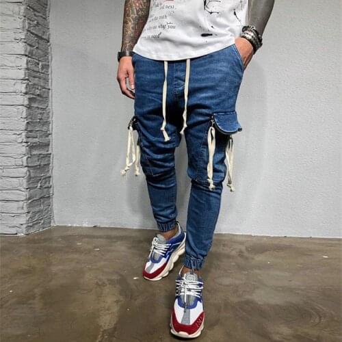 New Men Skinny Jeans Hip Hop Outwear Jean Homme Pockets Ribbons Jeans Slim Fit Denim Cargo Pants Men Jeans Men Long Trousers