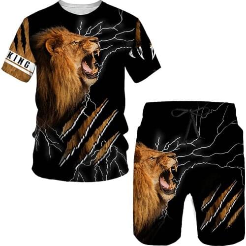 Animal lion 2aPcs Tshirts+Pants 3D print graphics summer BoyGirls Clothes Suits Children Shorts Short Sleeve Beach Shorts