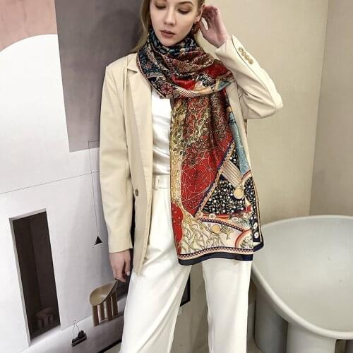 JTVOVO RUNMEIFA 2021New Imitation Silk Luxury Satin New Peculiar Pattern Printed Scarf Womens Fashion Retro Spring Autumn Shawl