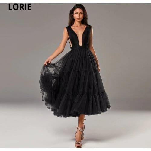 LORIE Simple A Line Tea-Length Prom Dresses 2021 With Plunging Neckline And Side Cutouts Vestidos De Noche Formal Evening Gowns