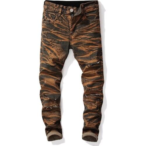 2021 Mens Ripped Jeans Street Hip Hop Stretch Bike Jeans Trendy Holes Retro Straight Denim Trousers Big Size