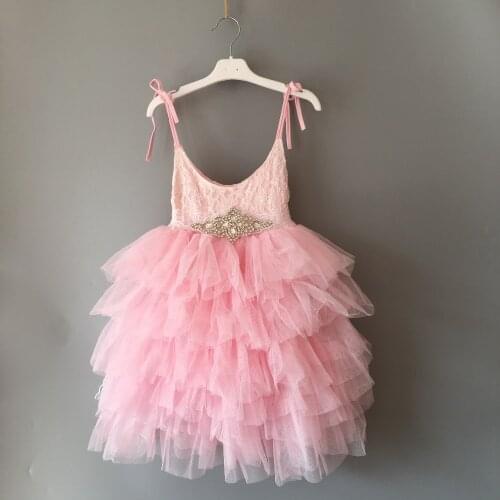 Soft Guaze Champagne Floral Belt Long Dress Kids Summer Dress Pink Birthday Dresses 5 layered Cake Bridal Dress