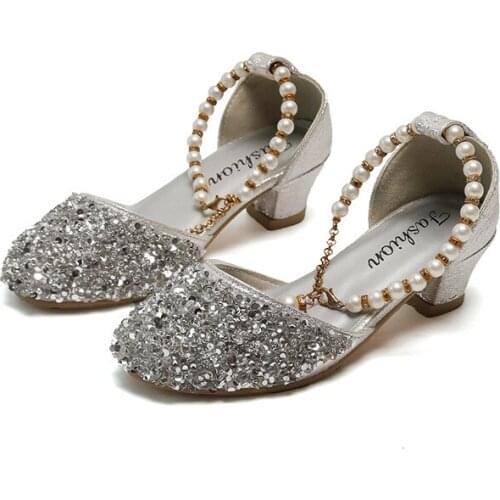 New Kids Glitter Beading Sandal Summer Shoes For Children Girls With High Heels Princess Sandals 3 4 5 6 7 8 9 10 11 12 Years