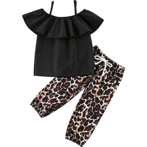 1-6Y Summer Fashion Toddler Girls Clothes Sets Off Shoulder Short Sleeve Black T Shirts Tops+Leopard Pants