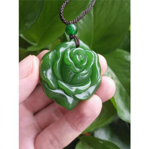 Rose Flower Natural Green Jade Pendant Necklace Hand-Carved Charm Jadeite Jewelry Amulet Fashion Accessories for Men Women Gifts
