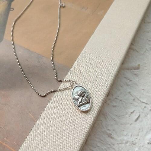 Retro Authentic 925 Sterling silver Guardian angel Wings Pendant Necklace Fine JEWELRY Round Beads Chain X201