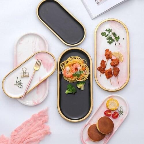Gold Plating Marble Storage Tray Ceramic Europe Charger Plates Food Fruit Dessert Oval Dish Jewelry Tray Decoration Platter