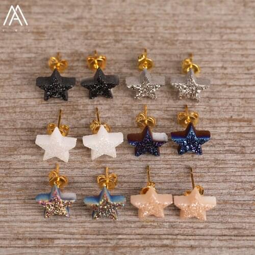 Rainbow Titanium Drusy Agates Stars Studs Earring For Women,Plated Gold Druzy Geode Pentagram Earstuds Jewelry Craft