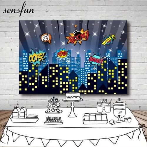 Sensfun Shiny Night Buildings Superhero Photography Backdrop For Boys Children Happy Birthday Backgrounds For Photo Studio 7x5ft