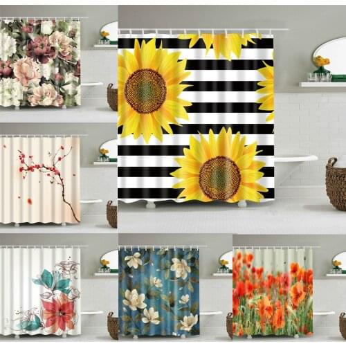 Natural Floral Shower Curtains Sunflower Water Color Art Modern Waterproof Bathroom Curtains Decor Curtain Sets with Hooks