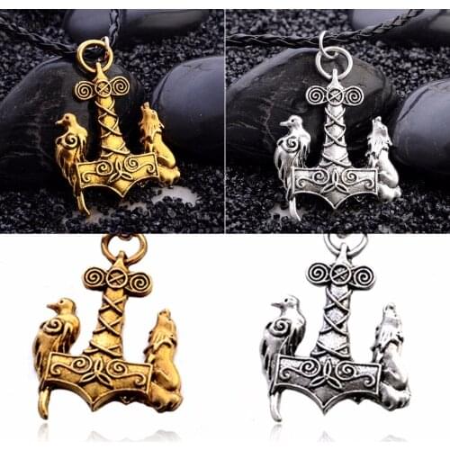 Nordic Viking Wolf & Raven Bird Ancient Jewelry Black Leather Necklace