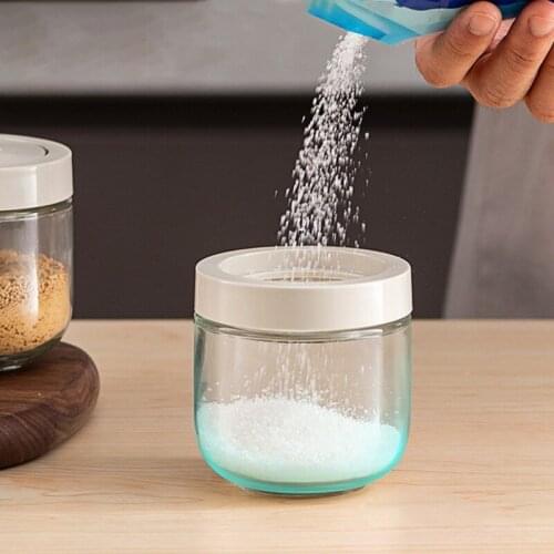 Glass Salt Sugar Storage Jar Spoon Cover Integrated Seasoning Bottle Creative Kitchen Flavoring Box Organizer Home Supplies