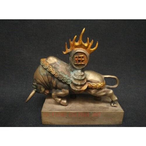 YIZHU CULTUER ART Collection Chinese Old Copper Silver Carving Lucky Wealth Bull Statue Decoration