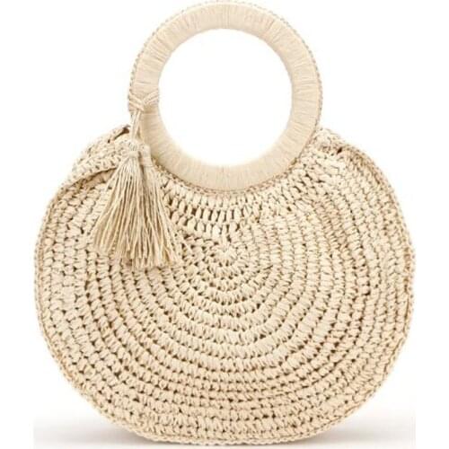 Rattan lady handbags wicker woven large tote casual summer beach purses female sac 2022 bohemian tassel round women straw bags