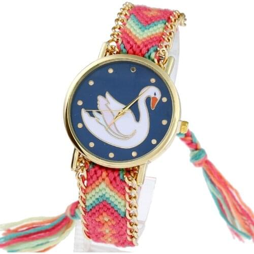 Gnova platinum Women White Swan Watch Women Fashion Quartz Wristwatch Ethnic Golden Chain Lace Reloj Geneva Style Girl B035
