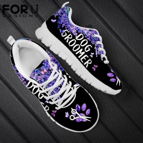 FORUDESIGNS Fashion Women Platform Shoes Dog Groomer Lavender Flower Love 3D Print Lace Up Mesh Air Walk Sneakers Scarpe Donna