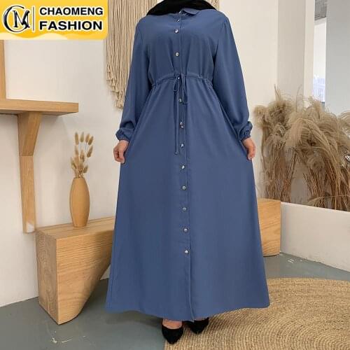 Eid Mubarak Arab Fashion Robe Solid Color Front Open Button Maxi Waist Tie Elbise Muslim For Women Vestidos Long Elegant Dress