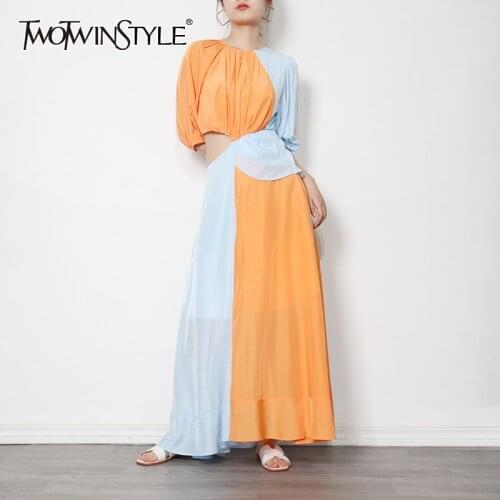 TWOTWINSTYLE Hit Color Summer Dress For Women O Neck Puff Sleeve Waist Hollow Out Maxi Dresses Female Fashion New Clothing 2021
