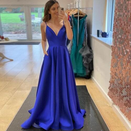 WeiYin Royal Blue Evening Dresses Simple Sexy V Neck Women Formal Sash A line Satin Prom Party Dress Pockets Custom Color